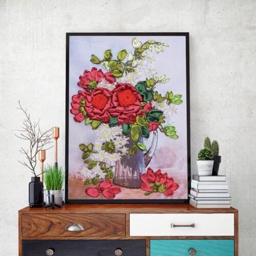 DIY Needlework, Ribbon Cross stitch Sets for Embroidery kit, Beautiful vase Lily flowers Cross-Stitch handwork wall decoration