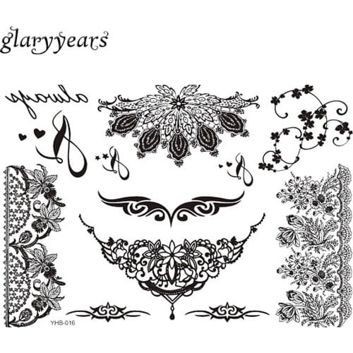 New 1 Piece Sexy Black Henna Flower Lace Women Tattoo Sticker BYHB-016 India Arabic Body Choker Jewelry Pattern Temporary Tattoo