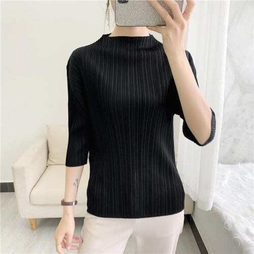 Solid Color Half Sleeve High Neck Slim T-shirt Miyak Pleated Women Large Size Casual Base Tee Female Summer All-match Top