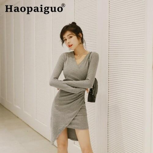 2019 Autumn Winter Sexy Bodycon Dress for Women Asymmetrical Draped Mini Dress Women Gray Wrap Slim Evening Party Dress Women