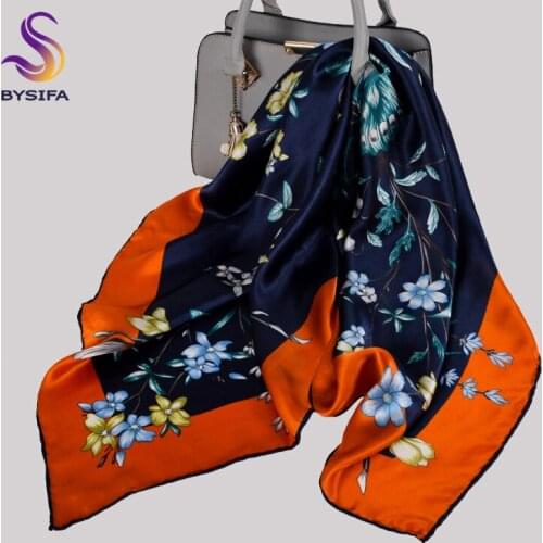 BYSIFA|Orange Blue 100% Pure Silk Scarf Shawl Women Fashion Luxury Square Scarves Printed Spring Fall Flower Brand Scarves Hijab