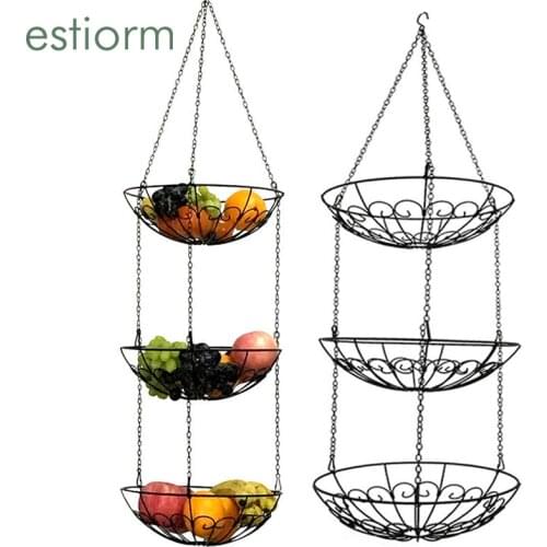 Hanging Basket For Kitchen & plants , 3-Tier large Metal Wire Fruit Basket Chain Hanging Space Saving Kitchen Storage Basket