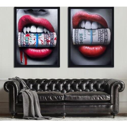 Poster Art Sexy Red Lip Money Bite Bullet Print Wall Oil Painting Canvas Picture Living Room Bar Office Home Decor