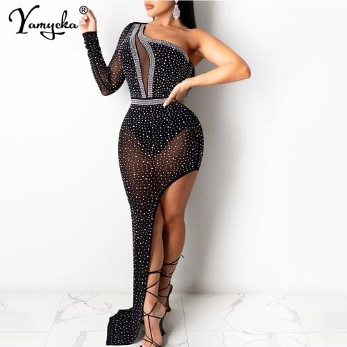 Sexy See Through Rhinestone Club party summer Maxi dress evening prom dresses for women 2021 one shoulder mesh Long ladies dress