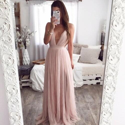 Sexy deep v neck backless summer pink dress women Elegant lace evening maxi dress Holiday long party dress ladies