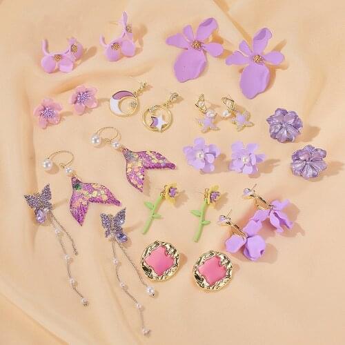 2020 Fairy Purple Mermaid Flower Drop Dangle Earrings for Women Metal Resin Arcylic Pendant Earrings Wedding Party Jewelry Gift