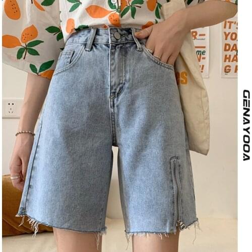 Genayooa Summer Biker Shorts Women Plus Size High Waisted Shorts With Zipper Casual Loose Blue Ladies Shorts Jeans Knee Length