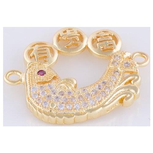 Chinese Lucky Word With Fish Charm Micro Pave CZ Rhinestone Connectors Finding For Jewelry Making Fashion Bracelet Necklace Part