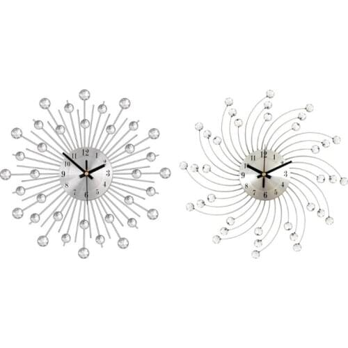 Modern 3D Imitation Crystal Wall Clock Metal Silver Diamond-Studded Round Sun Beaded Jeweled DIY Large Watch Decoration N0PA