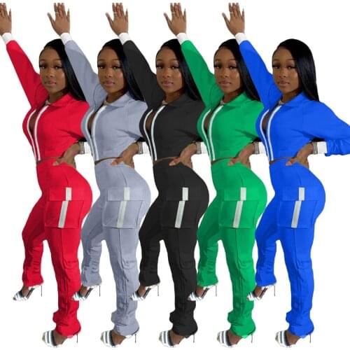 Casual Solid 2 Pieces Tracksuit Sets with Pockets Women Long Sleeve Zipper Up Top and Long Pants Autumn Winter Sport Outfit 2021