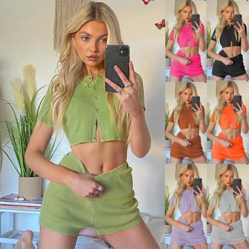 Tracksuit Women Shorts Set Summer 2 Piece Set Woman Sports And Leisure Suit Casual Short Sleeve Button Crop Top And Shorts Sets