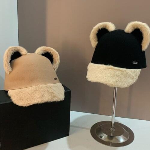 2021 New Autumn Winter Cute Cat Ear Wool Street Model Show Lady Beret Hat For Women Leisure Painter Hat