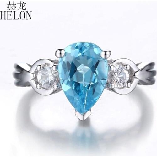HELON Solid Silver 925 Flawless Pear 10x7mm Genuine Blue Topaz & White Topaz Gemstone Women Fine Jewelry Engagement Wedding Ring