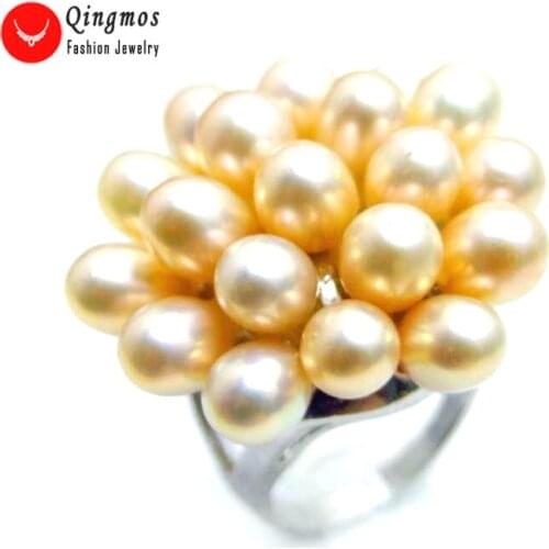 Qingmos Fashion Pink Pearl Ring for Women with Black Rice Natural Pearl 25mm Flower Ring #8-9 Fine Jewelry Gift Bague Anel R27
