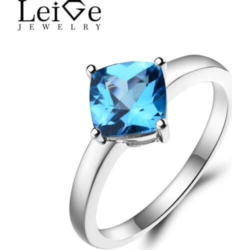 Leige Jewelry Swiss Blue Topaz Ring Wedding Ring Cushion Cut Blue Gemstone Solid 925 Sterling Silver November Birthstone Ring