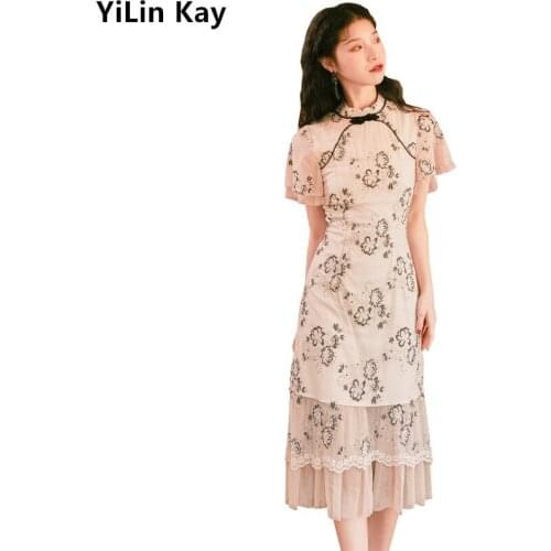 2020 Summer Elegant Retro Dress Vintage modified embroidered lace cheongsam Dresses Vestidos