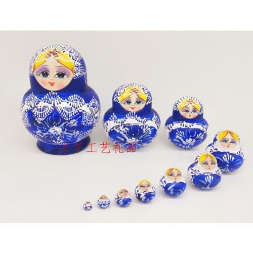 10Pcs/Set Russian Blue And White Porcelain Color Nesting Dolls Matryoshka Wooden Handmade Toy Craft Home Decor Kitchen Face Doll