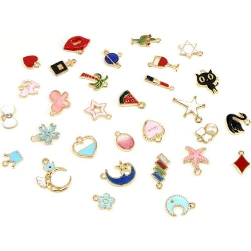 30Pcs Mixed Enamel Charms Collection Swan Moon Star Cat Pendant Jewelry Making