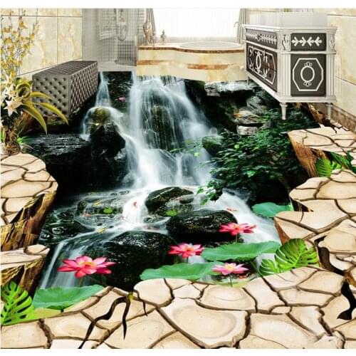 3d Flooring Photo Wallpaper Ground crack waterfall Lotus Wallpapers For Living Room 3d Floor Tiles 3d Wall Murals PVC Wallpapers