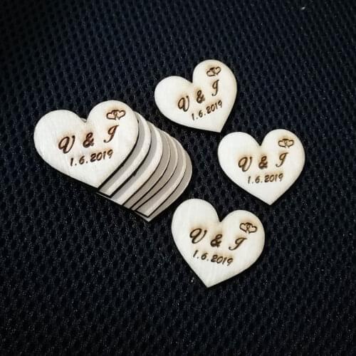 50pcs Personalized Wedding Favor Tags, Wood Hearts, Custom Wedding Name and Date Love Heart Wooden Wedding Gift Tags