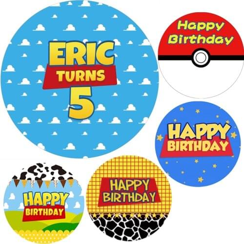 Happy Birthday Banner Blue Sky Cloud Toy Round Backdrop Boys Kids Party Decorations Dessert Table Photo Background Circle Cover