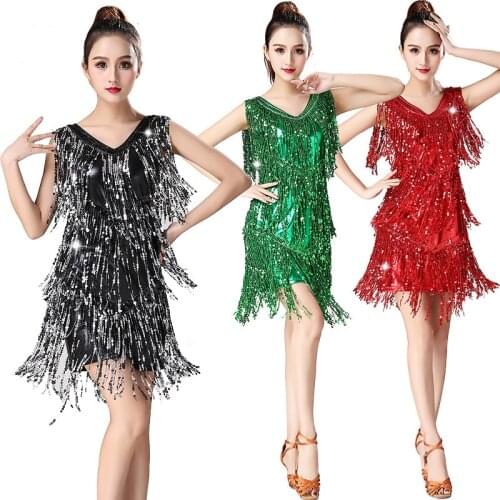 Sequins Latin Dance Costume Women Shiny Party Dress Gowns Rhythm Ballroom Samba Rumba Tango Stage Adult Fringe Latin Dance Dress