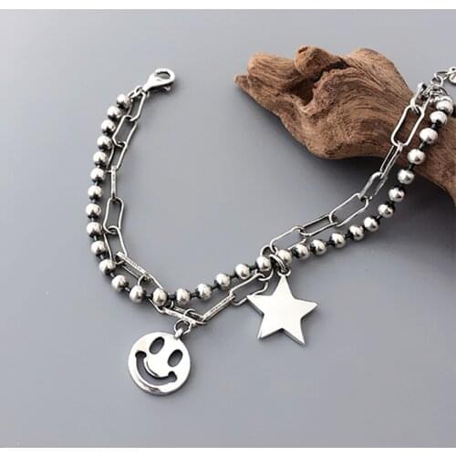 Hollow Smiley Face Star Pentagram Double-layer Thai Silver Color Bracelet For Women Men Trendy Hipster Hip-hop Jewelry SL2235