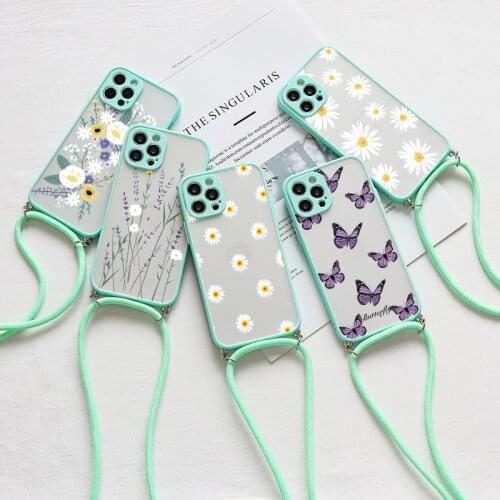 Flower Hard PC Lanyard Strap Case For iPhone 11 12 Xs Pro Max X 7 8 6s 6 Plus 12 Mini 5S SE SE 2020 5 Little Daisy Bumper Shell