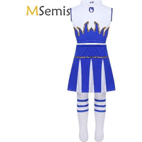 Kids Girls Cheerleader Costumes Outfit Crop Top with Skirt and Socks Dancewear Set for Schoolgirls Carnival Cheerleading Clothes