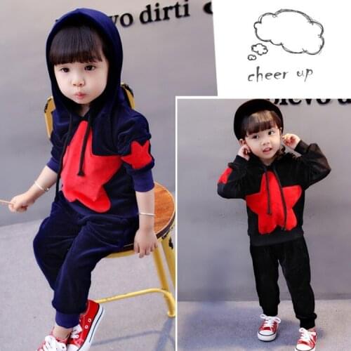 Children Girl Boy winter velvet thickening Clothing Set Kids Baby Star hooded Pants 2pcs fashion casual suits
