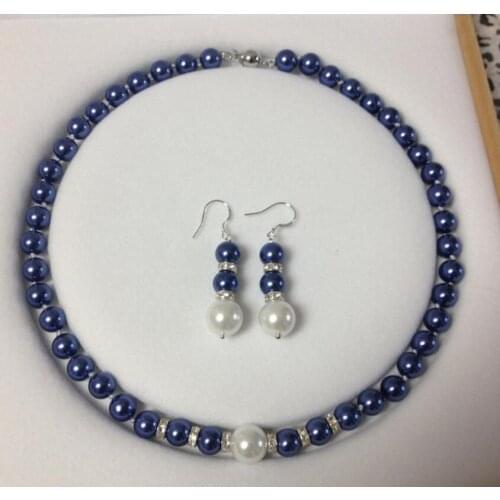Hot sell new - 8MM Blue /White South Sea Shell Pearl necklace earrings set AAA Grade NEW