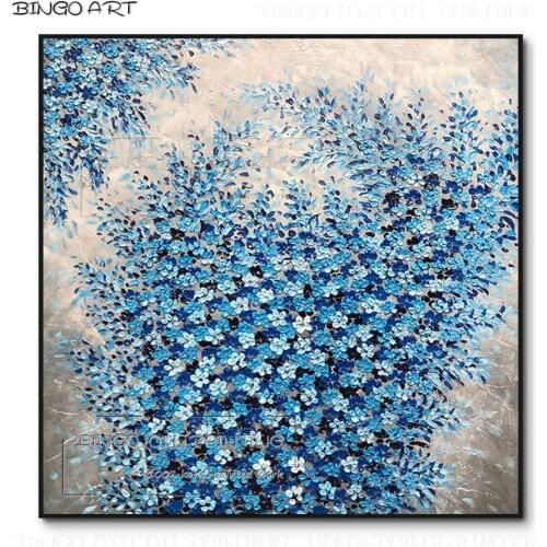Skilled Artist Pure Hand-painted Pretty Blue Flower Oil Painting on Canvas Handmade Modern Abstract Blue Flower Knife Painting