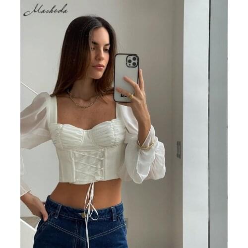 Macheda White Autumn Fashion T Shirt Women Sexy Lace Up Square Collar Mesh Patchwork Long Sleeve Street Casual Lady Crop Top