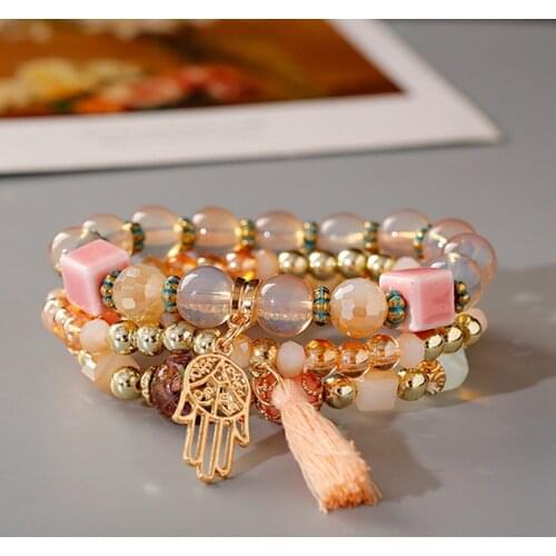 Fashion Fringe Tassel Bracelets Set For Women Gold Hand Pendant Pink Crystal Stone Beaded Wrap Bracelets Boho Summer Jewelry