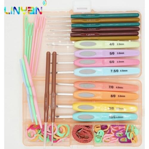Soft 16 pieces Plastic TPR Crochet hook Stitches knitting needles Multicolor Aluminum Knit tool needlework agulha de croche t64