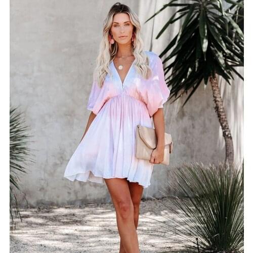 2021 fashion new country tie dye deep V swing bat sleeve dress