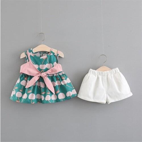 Baby Girls Sleeveless Flowers Print Bow Decor Top Dresses+White Cotton Shorts 2PCS Clothing Sets Casual Baby Girls Summer Sets