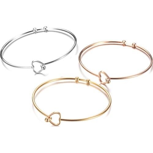 Hollow Heart Wire Bangle Bracelet Women Minimalist Open Cuff Bracelet Simple Stainless Steel Jewelry Cute Female Gift Wholesale