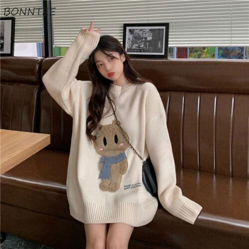 Sweaters Women Warm Vintage Korean Style Cartoon Ins All-match Thicker Invierno Clothes for Teens Pullovers O-Neck Long Sleeve