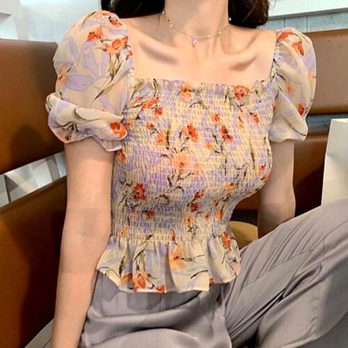 Hot Sale Fashion Summer Women Floral Print Square Neck Short Sleeve Slim Waist Blouse Crop Top streetwear Shirts Blouses