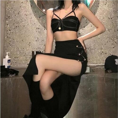 Long Skirt Womens Pin Decoration Black High Waist Slim Goth Dark Mall Gothic Punk Black Skirt Aesthetic A-Line Party Long Skirt
