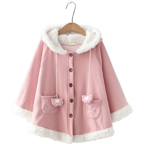 Women Hooded Jacket Cartoon Embroidery Thick Warm Coat 2020 Winter Long Sleeve Single Breasted Pocket Outwear For Teenage Girls