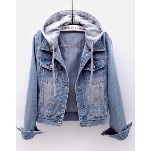 Women Autumn Winter Solid Jeans Jacket Loose Casual Blue Coats Female Outwear Hooded Denim Feminine Coat Plus Size HOWDFEO