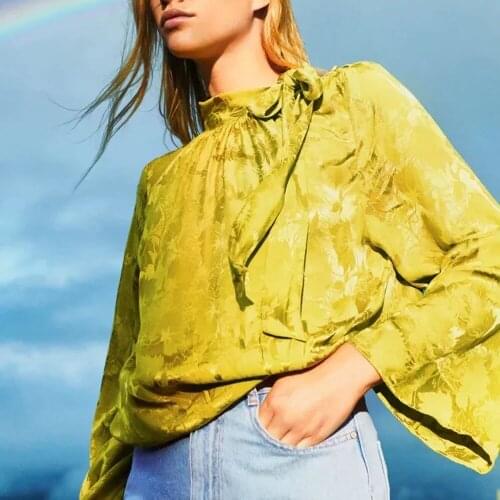 2021 Women Elegant Pleats Stand Collar Bow Solid loose shirt female casual Long sleeve Chic top ladies Blouse