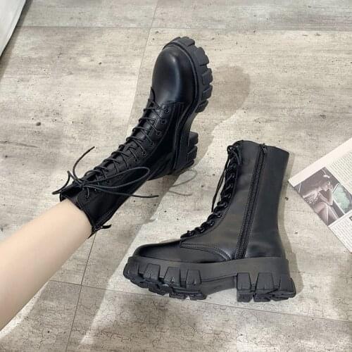 2020 Womens Lace Up Mid Heels Woman Metal Buckle Female Footwear Ladies Shoes Plus Size Women Platform Motorcycle Ankle Boots
