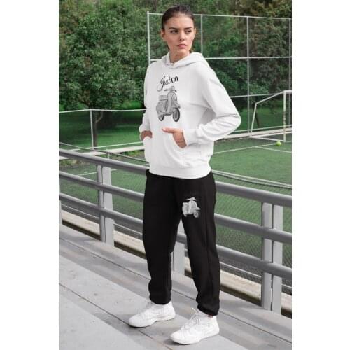 Angemiel Wear Just Go Vespa Womens Sweat Suits White Hooded Sweatshirt Black Sweatpants
