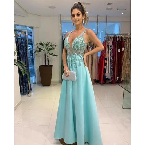 2021 Evening Dress Mint Green Crystal Beaded Spaghetti Strap A Line Satin Backless Sleeveless Charming Sexy Women Formal gown