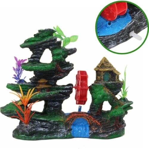 Aquarium ornament resin rockery with waterwheel can be connected to aerators landscaping fish tank decoration rockery