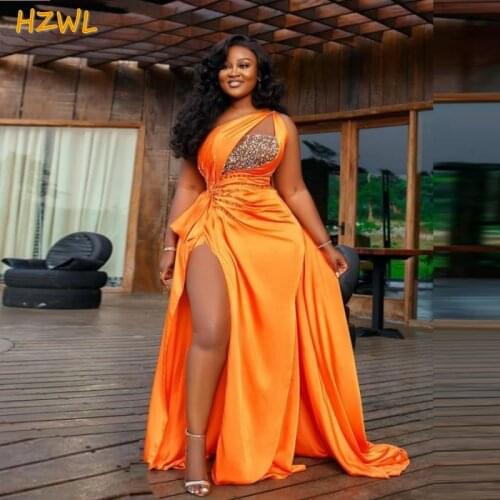 Aso Ebi African Orange Prom Dresses Sexy One Shoulder Sequins Beaded Ruffles Evening Gowns High Split Formal Party Dress