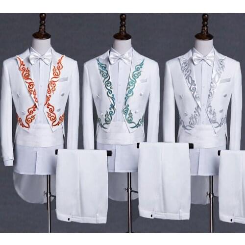 Black white men tuxedo suits male slim adult costume clothes mens formal dress embroidered suits singer stage ternos masculino